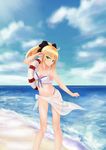  absurdres ahoge artoria_pendragon_(all) beach bikini black_ribbon blonde_hair blue_sky blush breasts cleavage cloud day fate/stay_night fate_(series) front-tie_bikini front-tie_top green_eyes hair_ribbon hentai_kuwa highres medium_breasts navel ocean outdoors ponytail ribbon saber_lily salute sarong sky smile solo swimsuit water 