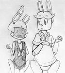 2015 animatronic anthro black_and_white bottomless bow_tie clothed clothing duo five_nights_at_freddy&#039;s five_nights_at_freddy&#039;s_2 inkyfrog lagomorph machine male mammal monochrome rabbit robot simple_background toy_bonnie_(fnaf) traditional_media_(artwork) video_games white_background withered_bonnie_(fnaf) 