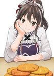  alternate_costume alternate_hairstyle apron ashigara_(kantai_collection) brown_eyes brown_hair chin_rest commentary_request fang fang_out food kantai_collection light_smile looking_at_viewer masukuza_j ponytail solo white_background 