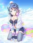  beanie between_legs bikini_top blue_eyes breasts cleavage day fingerless_gloves front-tie_top full_body gloves goggles goggles_on_head grey_hair hand_between_legs hat headphones headphones_around_neck hood hood_down jacket kneeling large_breasts looking_at_viewer love_live! love_live!_school_idol_festival love_live!_sunshine!! miniskirt mountain polka_dot short_hair ski_goggles skirt smile snow snowboard solo star star_print thighhighs uehara_yukihiko unzipped watanabe_you wireless 