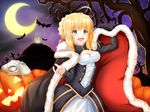  alternate_color artoria_pendragon_(all) bat breasts cape cleavage crescent_moon cross excalibur fang fate/stay_night fate_(series) fur-trimmed_cape fur_trim green_eyes halloween medium_breasts moon planted_weapon rs7 saber sword weapon 