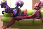  2017 anthro black_fur breasts butt callie_(hyunidae) chloe-dog claws favcount:&gt;200 feline female foot_fetish footjob fur hair hi_res kangaroo looking_back male male/female mammal marsupial muscular notched_ear penis pink_hair purple_eyes purple_hair pussy smile sofa tristan_(dirtyrenamon) vein veiny_penis window yellow_eyes 