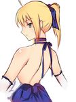  ahoge artoria_pendragon_(all) backless_dress backless_outfit bare_back bare_shoulders blonde_hair choker cropped_arms dress dyxm elbow_gloves fate/stay_night fate_(series) from_behind gloves green_eyes hair_ribbon looking_back ponytail ribbon saber_lily sketch solo white_background 