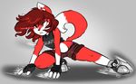  2017 action_pose alternate_species anthro black_nose canine cinnamon_swirl clothed clothing denim_shorts duckdraw female fingerless_gloves fox frown fur gloves glowing glowing_eyes grey_background hair hands_on_hips inner_ear_fluff looking_at_viewer mammal midriff navel red_eyes red_fur red_hair shadow shorts simple_background solo thong tied_shirt white_fur 