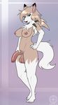  anthro balls big_penis breasts claws dickgirl feet flaccid huge_penis humanoid_feet intersex lycanroc nintendo nude penis pok&eacute;mon precum simple_background tanukiarts tanukiyasha uncut video_games 