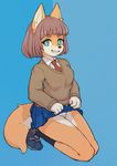  2016 4_fingers anthro black_nose blue_background blue_eyes brown_hair canine clothed clothing clothing_lift female footwear fox fur grin hair hanadaiteol kneeling legwear looking_at_viewer mammal multicolored_fur necktie orange_fur panties school_uniform shoes short_hair simple_background skirt skirt_lift socks solo sweater tan_fur two_tone_fur underwear uniform white_panties 