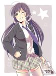  1girl ;d blazer green_eyes green_skirt grey_background kanbayashi_makoto love_live!_school_idol_project plaid_skirt purple_hair school_uniform tie toujou_nozomi twintails winking 