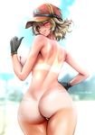  1girl :p areolae ass baseball_cap black_gloves blonde_hair breasts character_name cidney_aurum final_fantasy final_fantasy_xv from_behind gloves green_eyes hat huge_ass large_breasts looking_at_viewer looking_back nipples short_hair sideboob smile solo souryu tan tanline wide_hips wink 