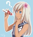  2017 ? blonde_hair blue_eyes commentary_request crop_top dated flower hair_flower hair_ornament index_finger_raised kantai_collection long_hair one-piece_tan ro-500_(kantai_collection) sailor_collar school_swimsuit solo swimsuit swimsuit_under_clothes tan tanline torpedo tri twitter_username 