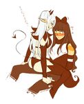  2girls ass black_hair blake_belladonna blue_eyes blush bon demon_girl fang grin high_heels multiple_girls on_top panties pointy_ears restrained rwby side_ponytail sideboob sitting_on_lap succubus tail weiss_schnee white_hair yellow_eyes yuri 