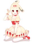  :d animal_ears blonde_hair collarbone dress full_body gen_3_pokemon highres kuro_guren ok_sign open_mouth personification pokemon red_eyes red_footwear shoes short_hair sitting smile solo spinda wariza white_legwear 