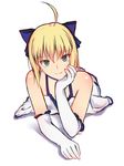  arm_support artoria_pendragon_(all) bare_shoulders dyxm elbow_gloves fate/stay_night fate_(series) gloves green_eyes hand_on_own_chin looking_at_viewer lying on_stomach saber_lily sketch smile solo white_background 