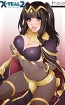  1girl areolae artist_name black_hair blush breast_hold breasts character_name cleavage fire_emblem gradient gradient_background kneeling large_breasts lips long_hair looking_at_viewer navel nipples open_mouth purple_eyes see-through solo tharja tiara tongue tongue_out violet_eyes web_address x-teal2 