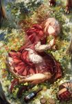  absurdres basket blonde_hair bottle bread claws closed_eyes flower food highres little_red_riding_hood little_red_riding_hood_(grimm) long_hair lying nonohana on_side paws picnic_basket sleeping solo tree 