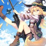  aircraft airplane blonde_hair bloomers boots borrowed_character breasts cloak commentary danmaku explosive frown grenade gun hair_between_eyes hat highres hood hood_down hooded_cloak long_hair original red_eyes rifle robot_cat small_breasts solo tail underwear weapon witch_hat 