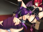  2girls :p artist_request blush censored chair cleavage cunnilingus defeated demon_girl femdom game_cg hand_on_head kneeling leash licking long_hair looking_down multiple_girls panties pointy_ears ponytail purple_eyes purple_hair red_eyes red_hair sitting skirt slave spread_legs succubus tail tears tongue torn_clothes upskirt whip whip_marks wings yuri 