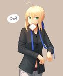  ahoge alternate_costume artoria_pendragon_(all) belt blonde_hair casual emoticon fate_(series) green_eyes highres midriff mouth_hold navel necktie pants saber solo undone_necktie yip 