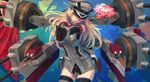  bismarck_(kantai_collection) black_legwear black_panties blonde_hair blue_eyes breasts cannon commentary_request finger_gun gloves hands_together hat hat_over_one_eye highres iron_cross kantai_collection large_breasts long_hair military military_uniform navel panties pantyshot pantyshot_(standing) sideboob solo standing tama_(tama_sphere) thighhighs underwear uniform 