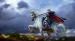  absurdres aleihuai_biao animal armor artoria_pendragon_(all) bad_id bad_pixiv_id banner blonde_hair blue_cape bridle cape cloud fate/stay_night fate_(series) fur-trimmed_cape fur_trim highres horse horseback_riding riding saber solo stirrups white_horse 