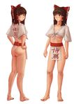  absurdres ass barefoot blush bow breasts brown_eyes brown_hair commentary_request full_body fundoshi hair_bow hair_tubes hakurei_reimu hands_on_hips highres japanese_clothes medium_breasts multiple_views pelvic_curtain ponytail sarashi touhou translated underboob yamakasa yomigaeru 
