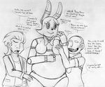  2015 animatronic anthro black_and_white bonnie_(fnaf) bow_tie breast_grab breasts crossgender dialogue english_text faceless_male featureless_breasts female five_nights_at_freddy&#039;s fondling grope group hand_on_breast human inkyfrog lagomorph machine male mammal monochrome rabbit robot simple_background smile sweat text traditional_media_(artwork) video_games white_background 