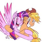  2016 animated applejack_(mlp) blonde_hair cowboy_hat duo earth_pony equine feathered_wings feathers female feral friendship_is_magic fur green_eyes hair hat horn horse jowybean mammal multicolored_hair my_little_pony orange_fur pony purple_eyes purple_feathers purple_fur simple_background smile twilight_sparkle_(mlp) white_background winged_unicorn wings 