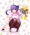  alakazam apron bangs black_legwear blunt_bangs blush breasts cosplay crotch_seam gen_1_pokemon hat hizuki_akira holding holding_tray joy_(pokemon) joy_(pokemon)_(cosplay) legs mary_janes medium_breasts natsume_(pokemon) nurse nurse_cap panties panties_under_pantyhose panty_peek pantyhose pantyshot pantyshot_(squatting) picking_up pink_shirt poke_ball poke_ball_(generic) pokemon pokemon_(creature) pokemon_(game) purple_hair red_eyes shirt shoes short_sleeves slippers squatting sweatdrop thighband_pantyhose thighs tray twintails underwear white_footwear 