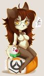  aimi anthro breasts brown_hair canine eyelashes eyewear female fox glasses hair mammal nude overwatch simple_background sitting smile solo video_games white_background wide_hips 