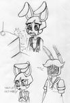  2015 animatronic anthro black_and_white blush bow_tie buckteeth crossed_arms crying dialogue duo english_text five_nights_at_freddy&#039;s five_nights_at_freddy&#039;s_2 inkyfrog lagomorph machine male mammal monochrome rabbit robot simple_background tears teeth television text toy_bonnie_(fnaf) traditional_media_(artwork) video_games white_background withered_bonnie_(fnaf) 