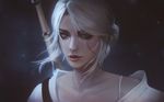  ciri face green_eyes highres lips looking_at_viewer raikoart scar short_hair silver_hair solo sword the_witcher the_witcher_3 weapon wind 