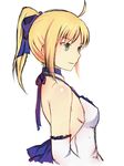  absurdres ahoge artoria_pendragon_(all) backless_dress backless_outfit bare_back bare_shoulders blonde_hair blue_ribbon breasts cropped_arms cropped_torso dress dyxm elbow_gloves fate/stay_night fate_(series) gloves green_eyes hair_ribbon highres medium_breasts ponytail ribbon saber_lily sideboob sketch smile solo white_background 