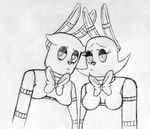  2015 animatronic anthro black_and_white bonnie_(fnaf) bow_tie breasts crossgender duo featureless_breasts female five_nights_at_freddy&#039;s half-closed_eyes inkyfrog lagomorph looking_at_viewer machine male mammal monochrome rabbit robot simple_background traditional_media_(artwork) video_games white_background 