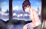  bad_id bad_pixiv_id black_hair blue_eyes blue_sky blurry breasts day depth_of_field hair_bun highres long_hair looking_at_viewer medium_breasts mountain nude onsen original parted_lips sitting sky soaking_feet solo steam towel towel_on_legs water white_towel yan_(nicknikg) 