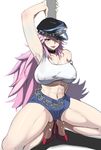  abs arm_behind_back arm_up armpits blue_eyes blue_shorts breasts collar covered_nipples denim denim_shorts final_fight full_body hat high_heels highres large_breasts licking_lips lipstick long_hair makeup messy_hair midriff navel okamen peaked_cap pink_hair poison_(final_fight) pole_dancing red_footwear shoes short_shorts shorts solo spread_legs squatting stiletto_heels strap_slip stripper_pole thick_thighs thighs tongue tongue_out white_background 