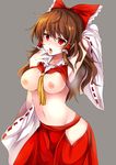  arm_up armpits ascot blush bow breasts brown_hair clothes_lift collarbone commentary_request cowboy_shot cum cum_on_body cum_on_breasts cum_on_upper_body detached_sleeves finger_licking groin hair_bow hakama hakurei_reimu heavy_breathing highres hip_vent japanese_clothes licking long_hair long_sleeves looking_at_viewer medium_breasts navel nipples nontraditional_miko nose_blush red_bow red_eyes red_hakama ribbon-trimmed_sleeves ribbon_trim saliva sameya sidelocks smell solo stomach tears tongue tongue_out touhou wide_sleeves 