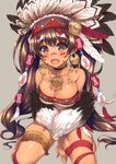  :d ass_visible_through_thighs bare_shoulders blush breasts brown_eyes brown_hair cleavage dark_skin earrings fang feathers headband headdress highres jewelry large_breasts long_hair looking_at_viewer native_american native_american_headdress open_mouth original raiou simple_background smile solo tattoo tribal tribal_tattoo 