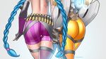  ammunition_belt armor ass blue_hair braid bullet commentary crossover elbow_gloves fingerless_gloves gloves harness holding_hands jinx_(league_of_legends) league_of_legends long_hair mismatched_gloves mismatched_legwear multiple_girls out_of_frame overwatch shorts simple_background tattoo thigh_strap thighhighs tracer_(overwatch) twin_braids twitter_username velladonna 