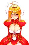  ^_^ ahoge arms_behind_back blonde_hair breasts center_opening cleavage cleavage_cutout closed_eyes dress epaulettes facing_viewer fate/extra fate/grand_order fate_(series) hair_between_eyes hair_intakes highres lock medium_breasts nero_claudius_(fate) nero_claudius_(fate)_(all) open_mouth red_dress smile solo tsukui_kachou upper_body white_background 