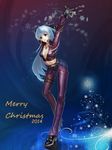  2014 arm_up breasts cleavage crop_top cross cross_necklace earrings full_body head_tilt high_heels highres jewelry kula_diamond long_hair looking_at_viewer medium_breasts midriff necklace red_eyes silver_hair solo standing the_king_of_fighters unzipped ushas 