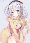  alternate_costume blue_eyes blush breasts circle_name cleavage coat commentary_request grey_background grey_hair hair_ornament hat kantai_collection kashima_(kantai_collection) large_breasts long_sleeves looking_at_viewer open_clothes open_coat plaid plaid_scarf scarf simple_background smile solo sousouman sweater twintails 