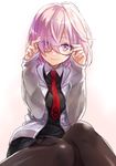  adjusting_eyewear black-framed_eyewear black_legwear eyes_visible_through_hair fate/grand_order fate_(series) glasses mash_kyrielight necktie pantyhose pink_hair purple_eyes sitting skirt solo yuzuki_karu 