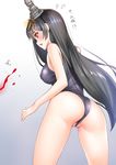 ass back bad_id bad_pixiv_id black_hair blood blush breasts commentary_request covered_nipples flying_sweatdrops fusou_(kantai_collection) kantai_collection kanzaki_muyu large_breasts long_hair nosebleed one-piece_swimsuit partially_visible_vulva pubic_hair red_eyes school_swimsuit solo swimsuit wedgie 