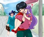 2girls absurdres anger_vein ass bag black_hair blank_eyes blue_hair bracer braid carrying chinese_clothes commentary_request day fuurinkan_high_school_uniform hair_ornament heart hetero highres jealous long_hair multiple_girls no_mouth open_mouth outdoors princess_carry purple_hair ranma_1/2 red_shirt saotome_ranma school_bag school_uniform shampoo_(ranma_1/2) shirt short_hair single_braid slippers smile suzusato_rinka sweatdrop tangzhuang telephone_pole tendou_akane 