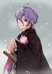  aqua_eyes beckoning black_cape blurry cape closed_mouth flower hair_between_eyes japanese_clothes kasen_kanesada looking_at_viewer male_focus oisih outstretched_arm pink_flower purple_hair smile snowing solo touken_ranbu upper_body 