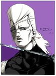  2016 artist_name border character_name collarbone earrings eyepatch french hatching_(texture) highres jean_pierre_polnareff jewelry jojo_no_kimyou_na_bouken male_focus monochrome portrait purple_background rapier scar scar_across_eye solo spot_color sword vento_aureo weapon white_border zazamiso 