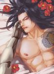  2boys bed_sheet blood brothers family genji_(overwatch) hanzo_(overwatch) lying multiple_boys muscle nipple overwatch siblings smile tagme tattoo yaoi 