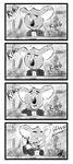  2016 anthro bow_tie buster_moon capitanusop comic dialogue english_text eyes_closed frown greyscale humor koala male mammal marsupial monochrome open_mouth phone sing_(movie) smile sound_effects text what 
