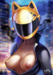  1girl animal_ears areolae artist_name biker_clothes bodysuit breasts celty_sturluson durarara!! gradient_background helmet nipples solo unzipped zipper 