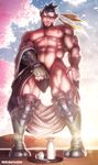  1boy abs blush cup drunk hanzo_(overwatch) invitation male_focus muscle nature naughty_face nipples outdoors overwatch pecs public rokudenashi sky smile solo solo_focus tattoo tree undressing 