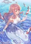  animal arm_support bangs bare_shoulders breasts brown_eyes brown_hair cleavage collarbone dress flock flying_fish hair_between_eyes halterneck koe_no_katachi koi large_breasts long_hair nishimiya_shouko parted_bangs partially_submerged raijuu_(bakanara) ripples sitting solo sundress wariza water wet wet_clothes wet_dress white_dress 